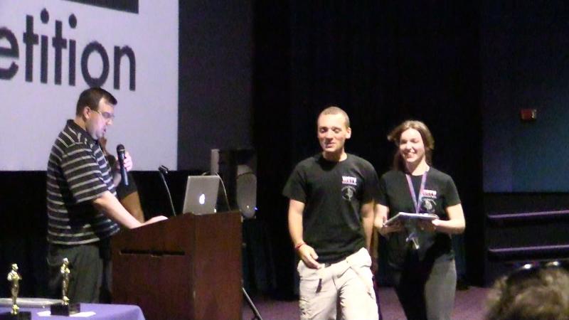 Seniors Johnny Brand (Left) and Michaela Bottino (Right) getting Michaela's second place award in the short entertainment category at the theater. COURTESY WAREHAM PUBLIC SCHOOLS
